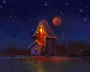 Preview wallpaper hut, night, lights, moon, art