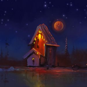 Preview wallpaper hut, night, lights, moon, art