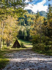 Preview wallpaper hut, road, trees, mountain, nature