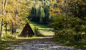 Preview wallpaper hut, road, trees, mountain, nature