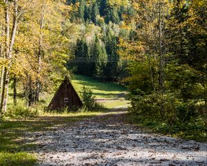 Preview wallpaper hut, road, trees, mountain, nature