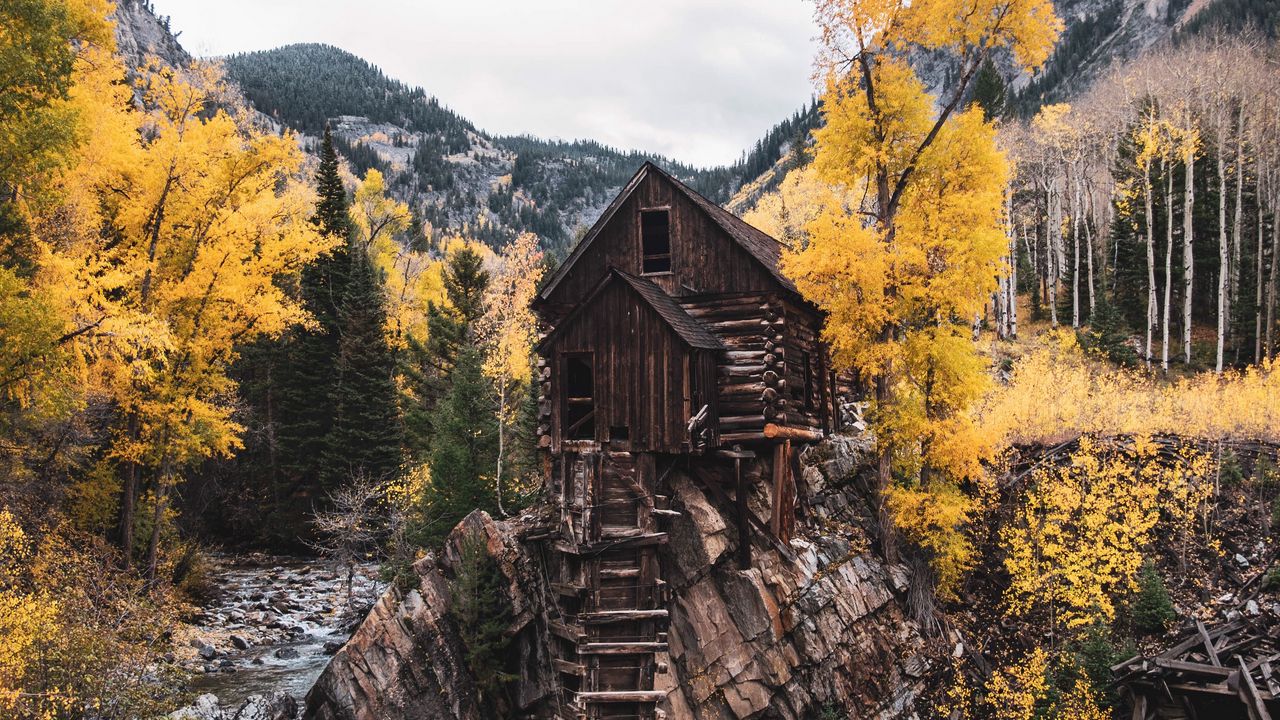 Wallpaper hut, rock, trees, river, autumn, landscape