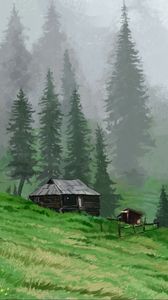 Preview wallpaper hut, trees, grass, art