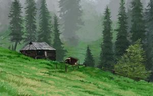 Preview wallpaper hut, trees, grass, art