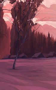 Preview wallpaper hut, trees, snow, canvas, art