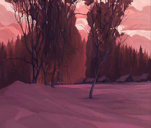 Preview wallpaper hut, trees, snow, canvas, art