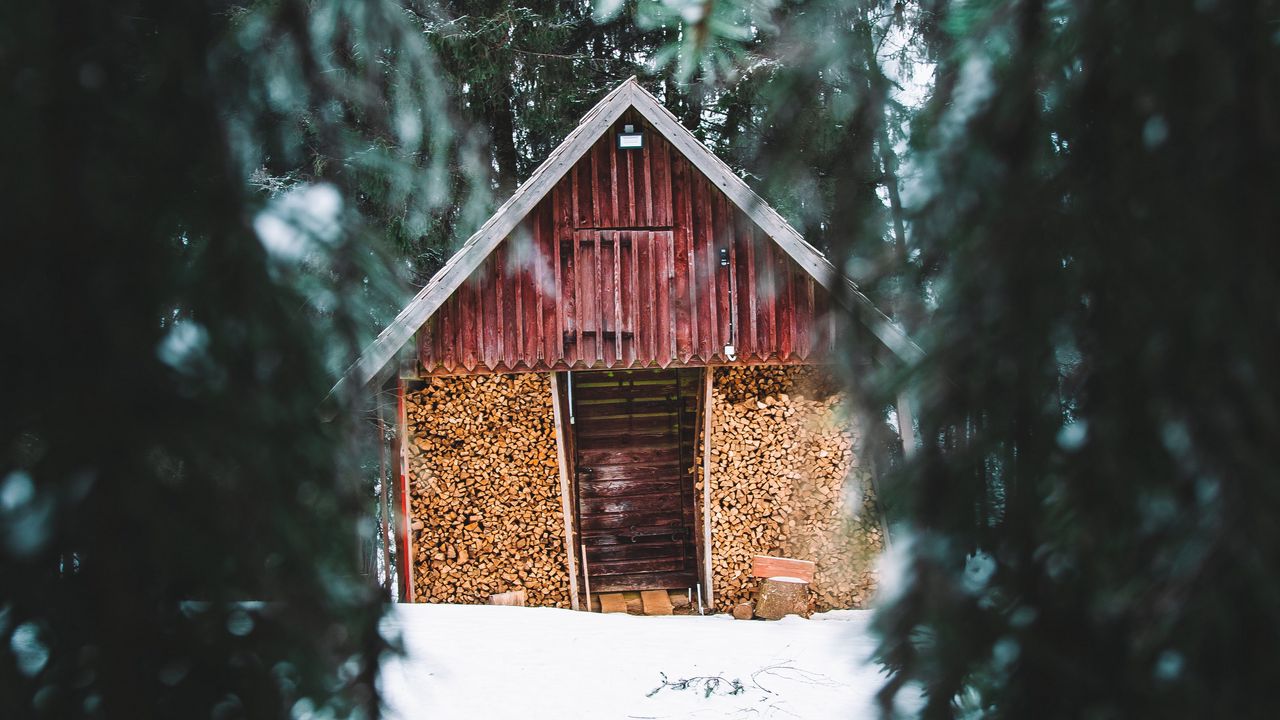 Wallpaper hut, trees, spruce, snow, nature, winter