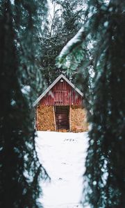 Preview wallpaper hut, trees, spruce, snow, nature, winter