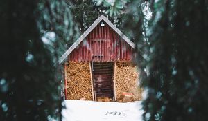 Preview wallpaper hut, trees, spruce, snow, nature, winter