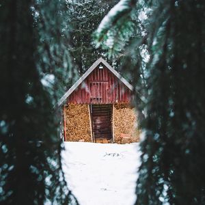 Preview wallpaper hut, trees, spruce, snow, nature, winter