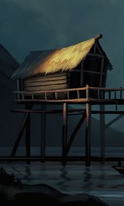 Preview wallpaper hut, water, slope, art