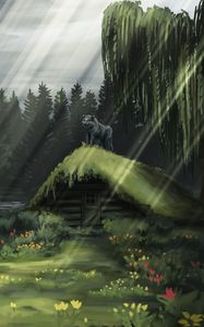 Preview wallpaper hut, wolf, rays, forest, art
