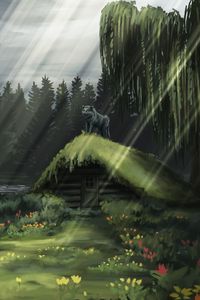 Preview wallpaper hut, wolf, rays, forest, art