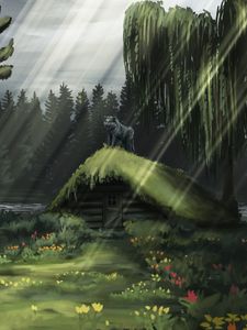 Preview wallpaper hut, wolf, rays, forest, art