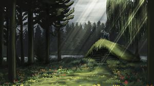 Preview wallpaper hut, wolf, rays, forest, art