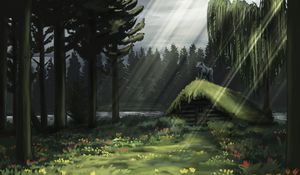 Preview wallpaper hut, wolf, rays, forest, art