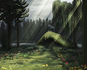 Preview wallpaper hut, wolf, rays, forest, art