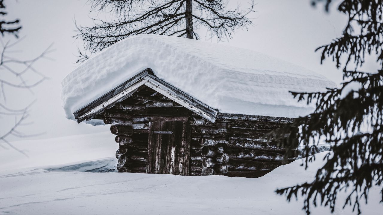 Wallpaper hut, wooden, snow, snowdrifts, winter