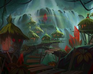 Preview wallpaper huts, jungle, art, waterfall, rainbow