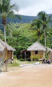 Preview wallpaper huts, palm trees, coast, beach, moped