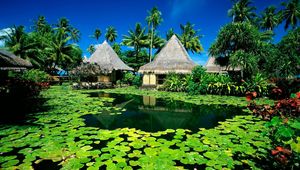 Preview wallpaper huts, palm trees, lake, tropics, water-lilies