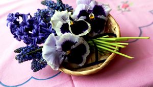 Preview wallpaper hyacinth, muscari, pansies, flowers, bouquet, basket