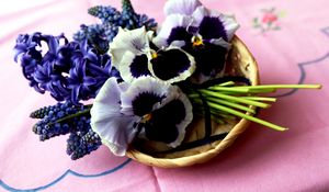 Preview wallpaper hyacinth, muscari, pansies, flowers, bouquet, basket