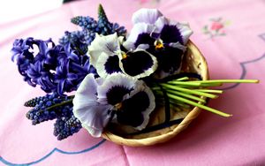 Preview wallpaper hyacinth, muscari, pansies, flowers, bouquet, basket