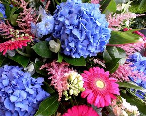 Preview wallpaper hydrangea, gerbera, delphinium, flower, decoration