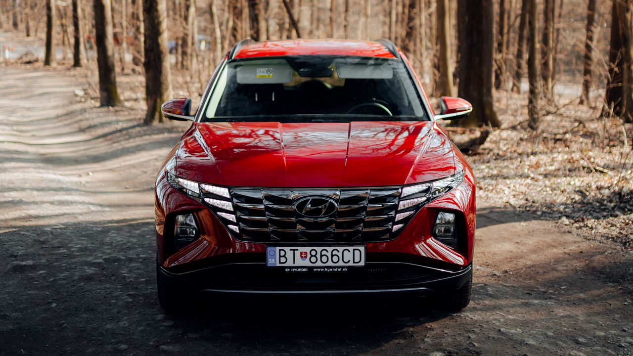 Wallpaper hyundai, car, suv, red, road, forest