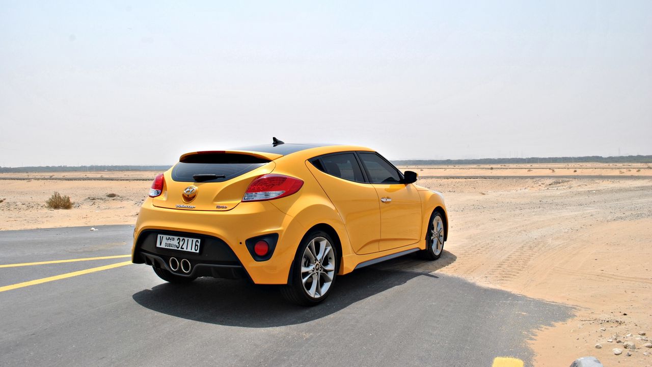 Wallpaper hyundai veloster, yellow, side view, desert