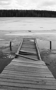 Preview wallpaper ice, bridge, boards, break, cold, pier, lake, black-and-white