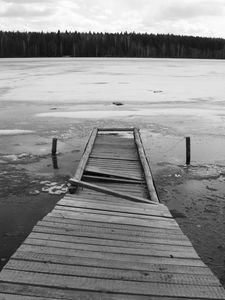 Preview wallpaper ice, bridge, boards, break, cold, pier, lake, black-and-white