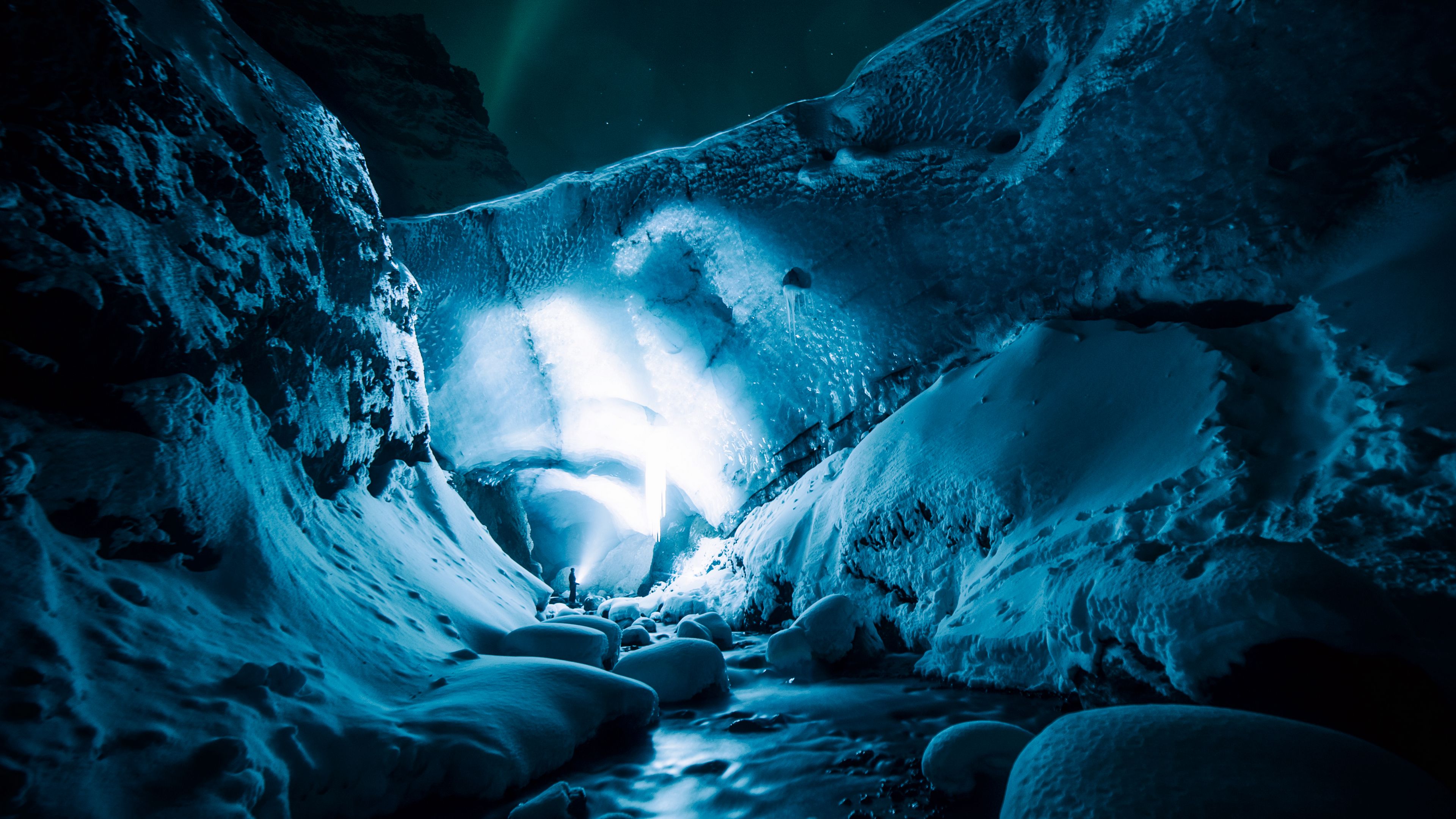 Download 3840x2160 ice cave, night, ice wallpaper, background 4k uhd 16:9.
