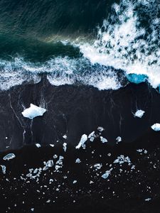 Preview wallpaper ice, coast, waves, aerial view