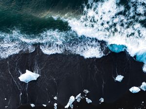 Preview wallpaper ice, coast, waves, aerial view