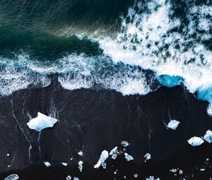 Preview wallpaper ice, coast, waves, aerial view