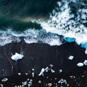 Preview wallpaper ice, coast, waves, aerial view