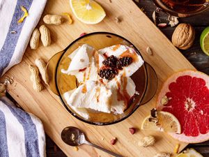 Preview wallpaper ice cream, dessert, fruit, nuts