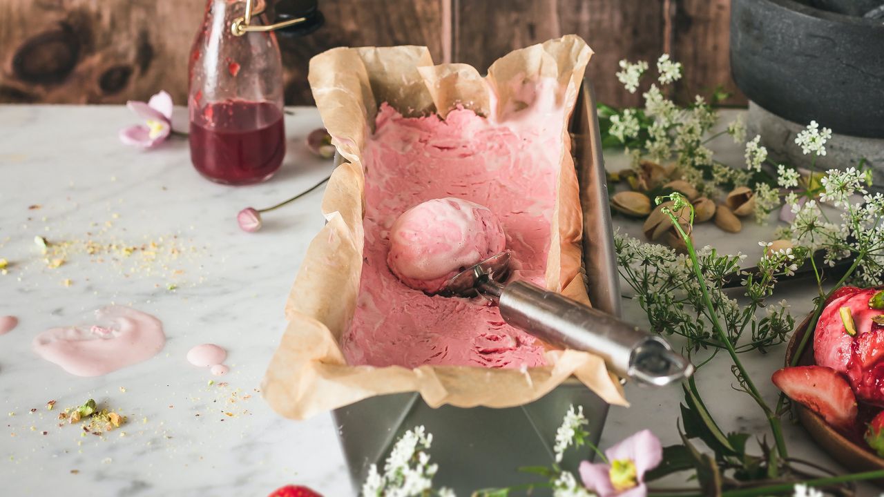 Wallpaper ice cream, dessert, pink, berries, flowers