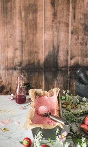 Preview wallpaper ice cream, dessert, pink, berries, flowers
