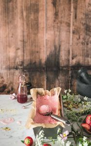 Preview wallpaper ice cream, dessert, pink, berries, flowers