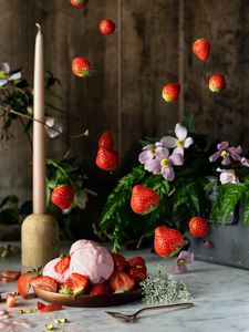 Preview wallpaper ice cream, strawberries, berries, dessert, plate