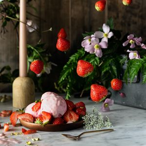Preview wallpaper ice cream, strawberries, berries, dessert, plate