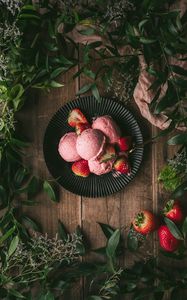 Preview wallpaper ice cream, strawberry, dessert, branches, leaves