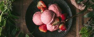 Preview wallpaper ice cream, strawberry, dessert, branches, leaves