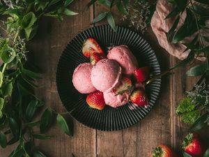 Preview wallpaper ice cream, strawberry, dessert, branches, leaves