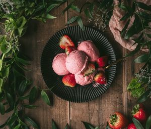 Preview wallpaper ice cream, strawberry, dessert, branches, leaves
