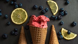 Preview wallpaper ice cream, waffle, blueberries, lemon, fruit, slices