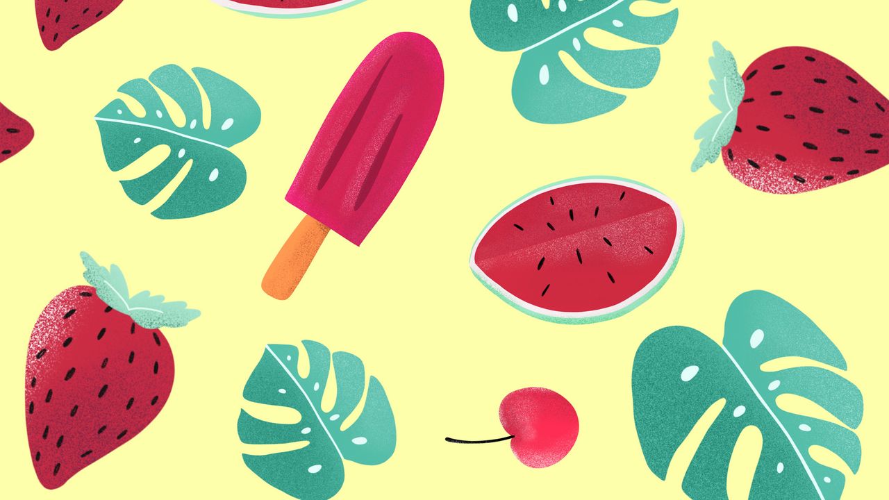 Wallpaper ice cream, watermelon, strawberry, leaves, patterns